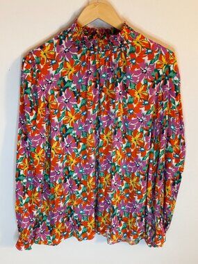 Tucker Floral Silk Blend Smocked Mock Neck Blouse – Size XL